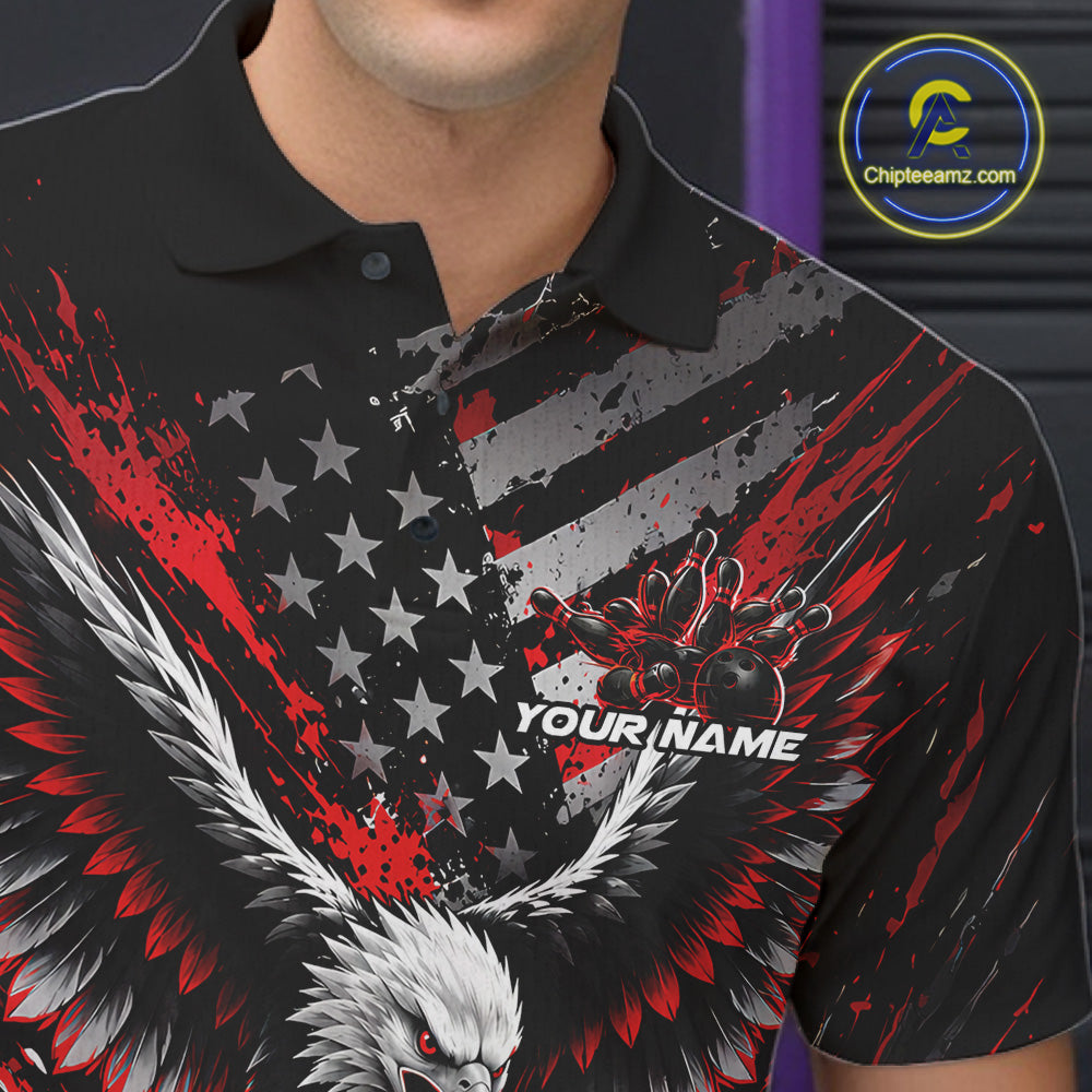 Custom Black And Red Patriotic Eagle Bowling League Polo Shirt, Team Jersey