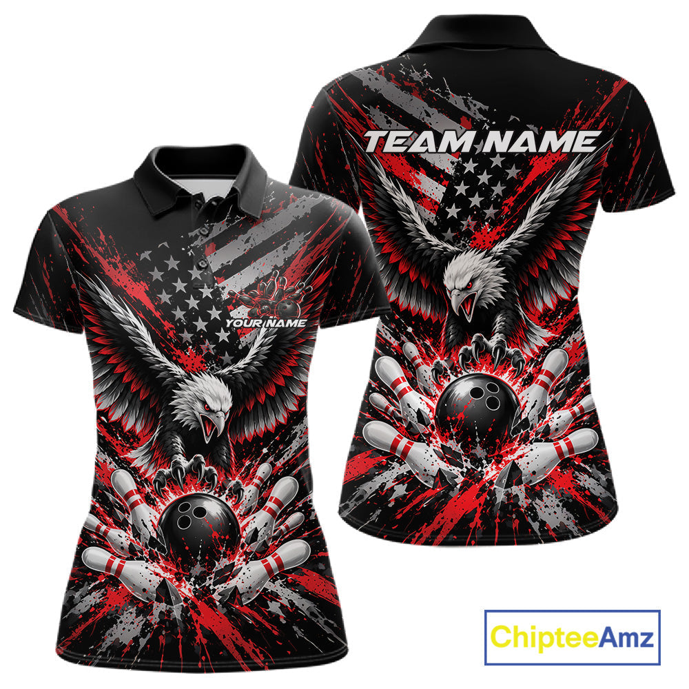 Custom Black And Red Patriotic Eagle Bowling League Polo Shirt, Team Jersey