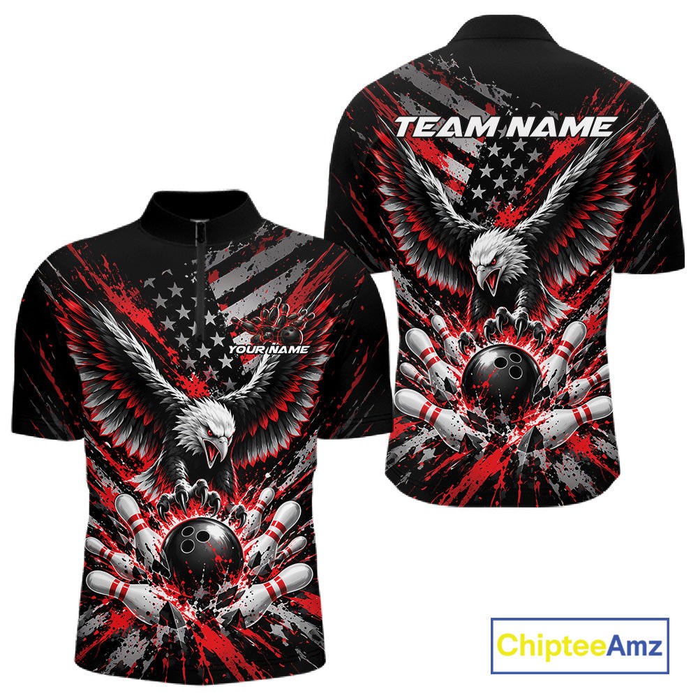 Custom Black And Red Patriotic Eagle Bowling League Quarter Zip Shirt, Team Jersey