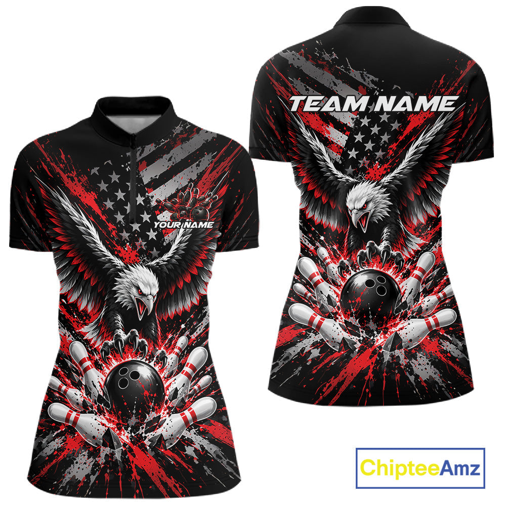 Custom Black And Red Patriotic Eagle Bowling League Quarter-Zip Shirt, Team Jersey