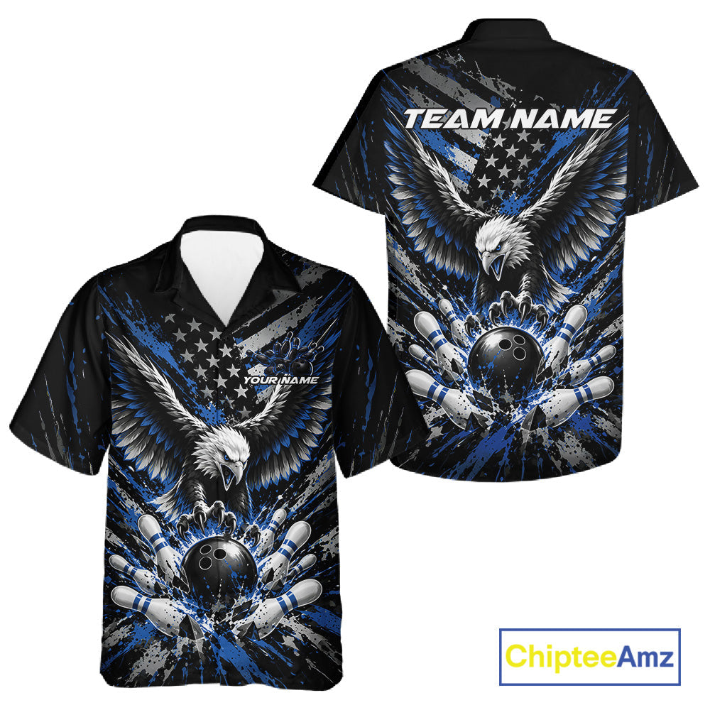 Custom Black And Blue Patriotic Eagle Bowling League And Button Up Shirt, Team Jersey
