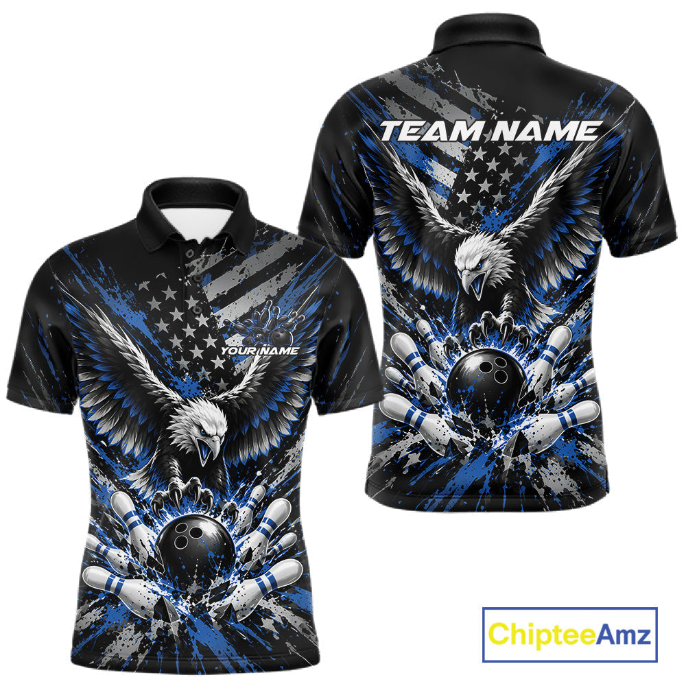 Custom Black And Blue Patriotic Eagle Bowling League Polo Shirt, Team Jersey