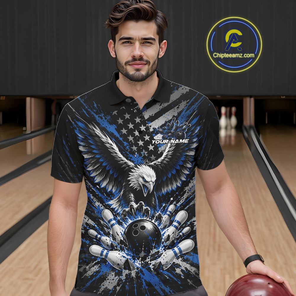 Custom Black And Blue Patriotic Eagle Bowling League Polo Shirt, Team Jersey