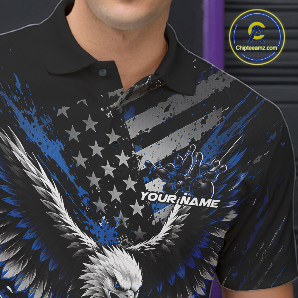 Custom Black And Blue Patriotic Eagle Bowling League Polo Shirt, Team Jersey