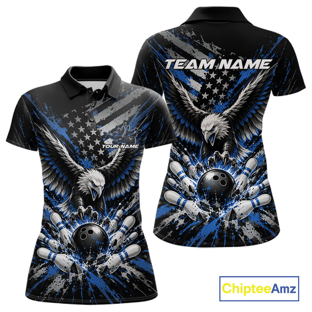 Custom Black And Blue Patriotic Eagle Bowling League Polo Shirt, Team Jersey