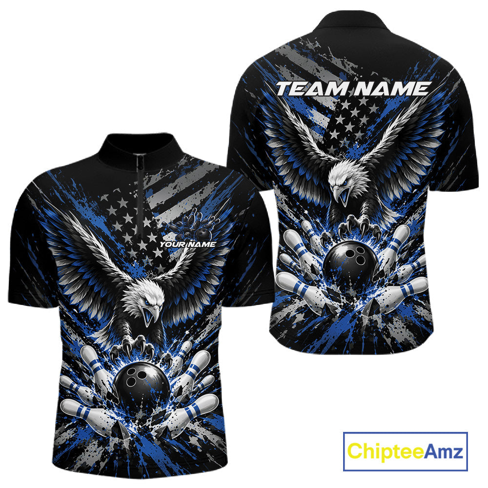 Custom Black And Blue Patriotic Eagle Bowling League Quarter Zip Shirt, Team Jersey