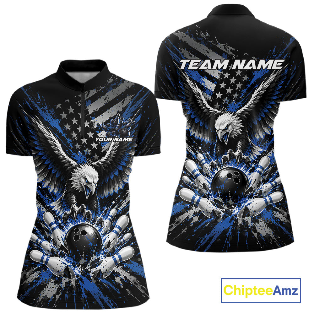 Custom Black And Blue Patriotic Eagle Bowling Quarter-Zip Shirt, Team Jersey