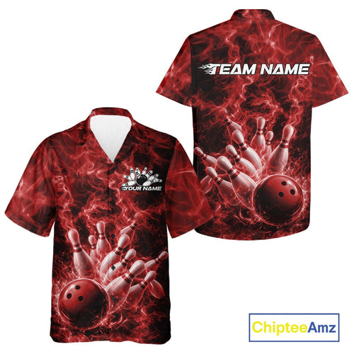 Custom Red Fire Flame Bowling And Hawaiian Tournament Shirt, Team Bowling Jerseys