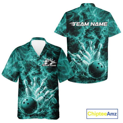 Custom Turquoise Blue Fire Flame Bowling And Hawaiian Tournament Shirt, Team Bowling Jerseys