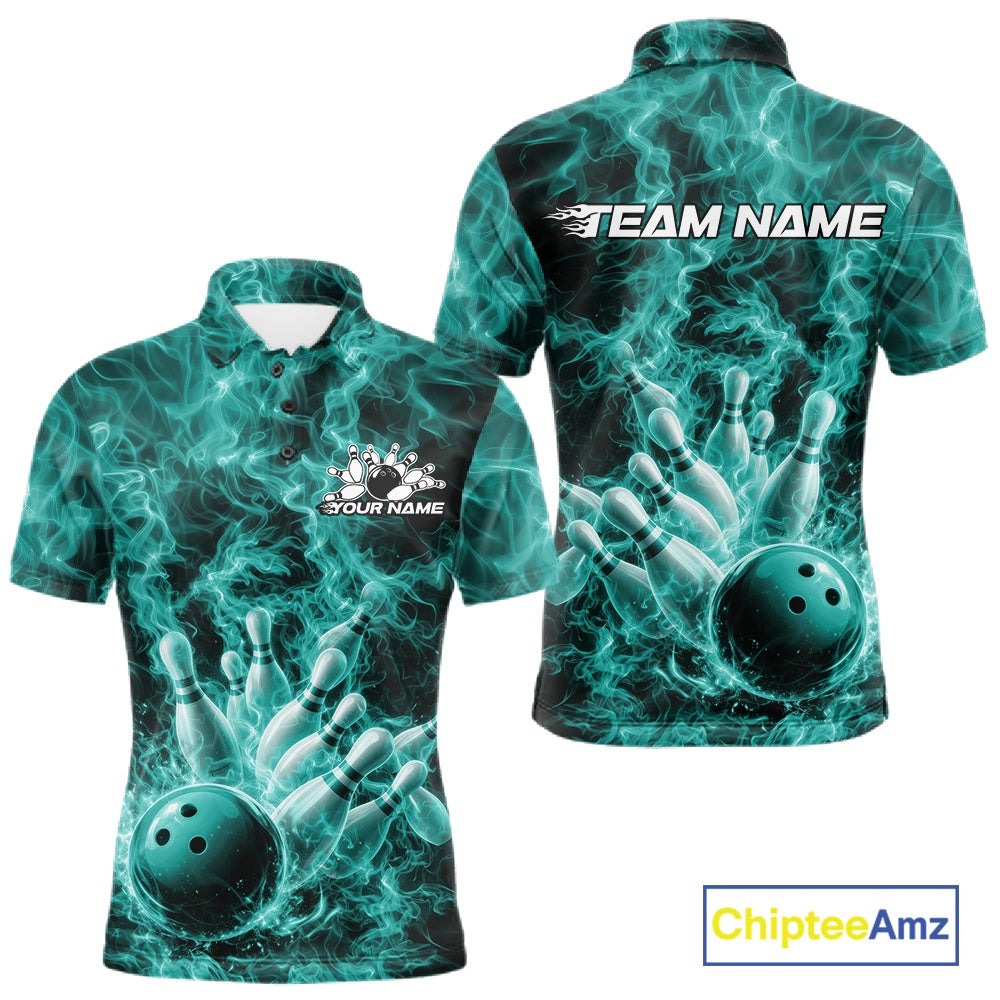 Custom Turquoise Blue Fire Flame Bowling Polo Tournament Shirt, Team Bowling Jerseys