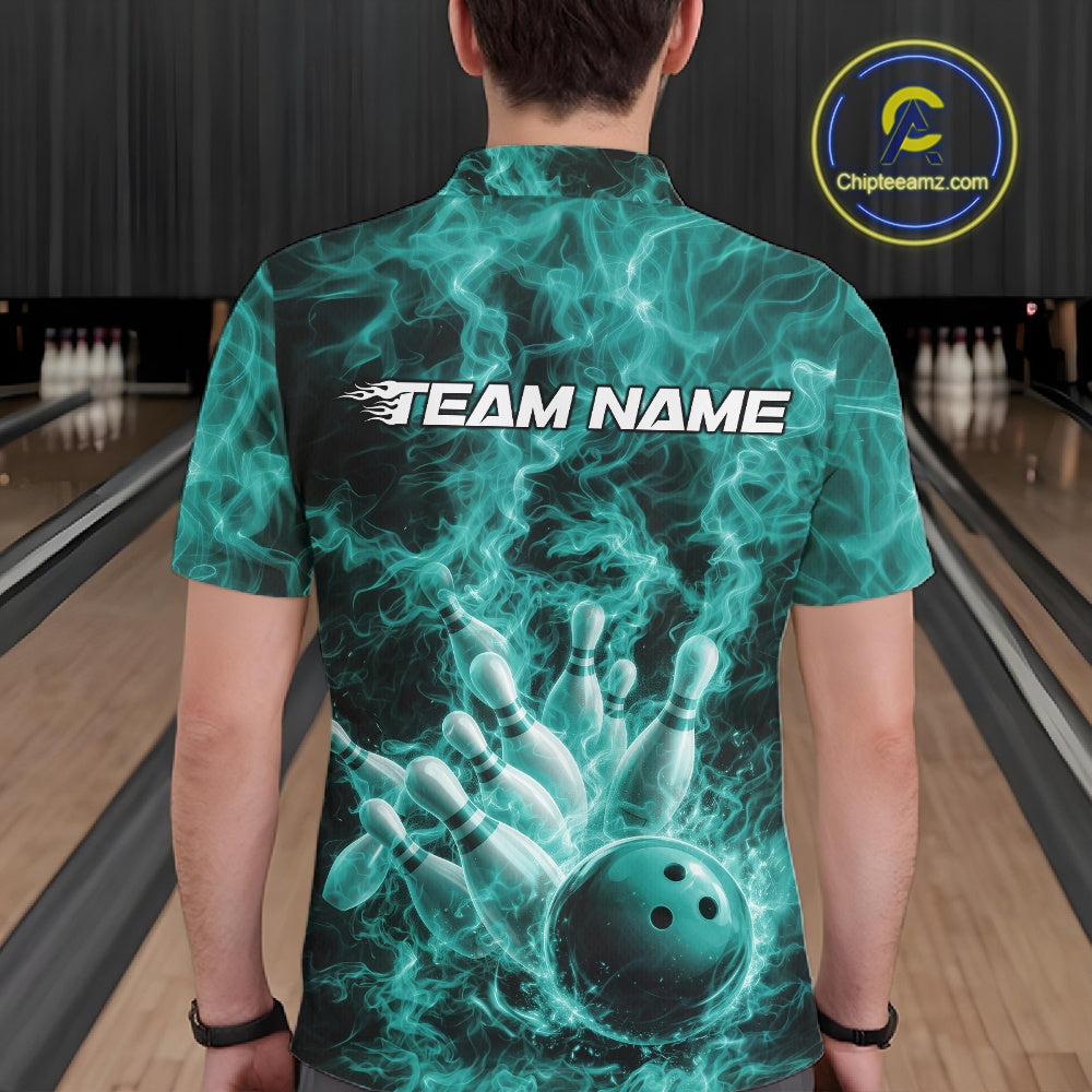 Custom Turquoise Blue Fire Flame Bowling Polo Tournament Shirt, Team Bowling Jerseys