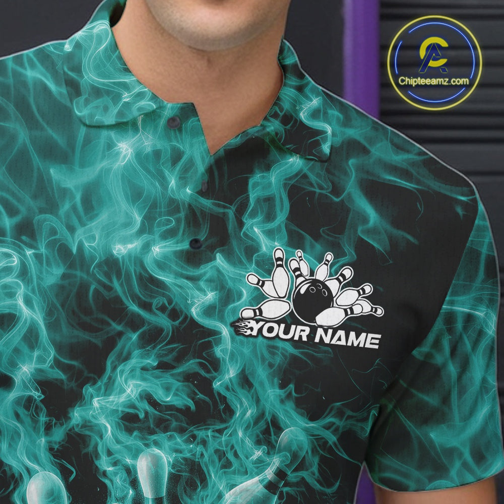 Custom Turquoise Blue Fire Flame Bowling Polo Tournament Shirt, Team Bowling Jerseys