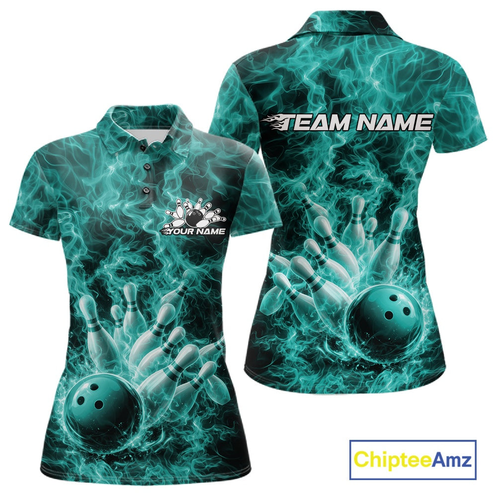 Custom Turquoise Blue Fire Flame Bowling Polo Tournament Shirt, Team Bowling Jerseys