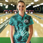 Custom Turquoise Blue Fire Flame Bowling Polo Tournament Shirt, Team Bowling Jerseys