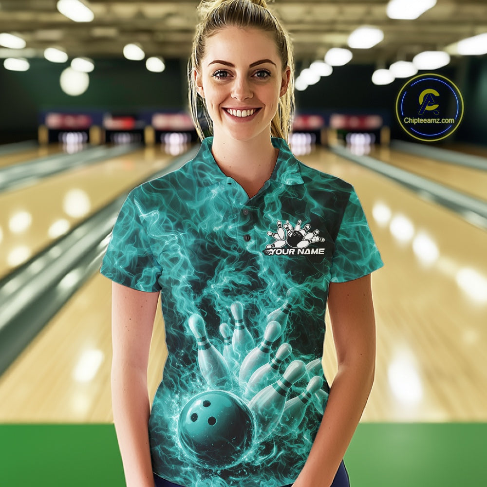 Custom Turquoise Blue Fire Flame Bowling Polo Tournament Shirt, Team Bowling Jerseys