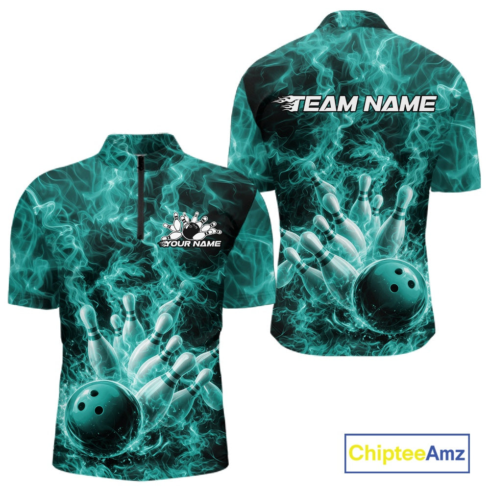 Custom Turquoise Blue Fire Flame Bowling Quarter-Zip Tournament Shirt, Team Bowling Jerseys