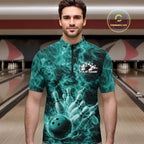 Custom Turquoise Blue Fire Flame Bowling Quarter-Zip Tournament Shirt, Team Bowling Jerseys