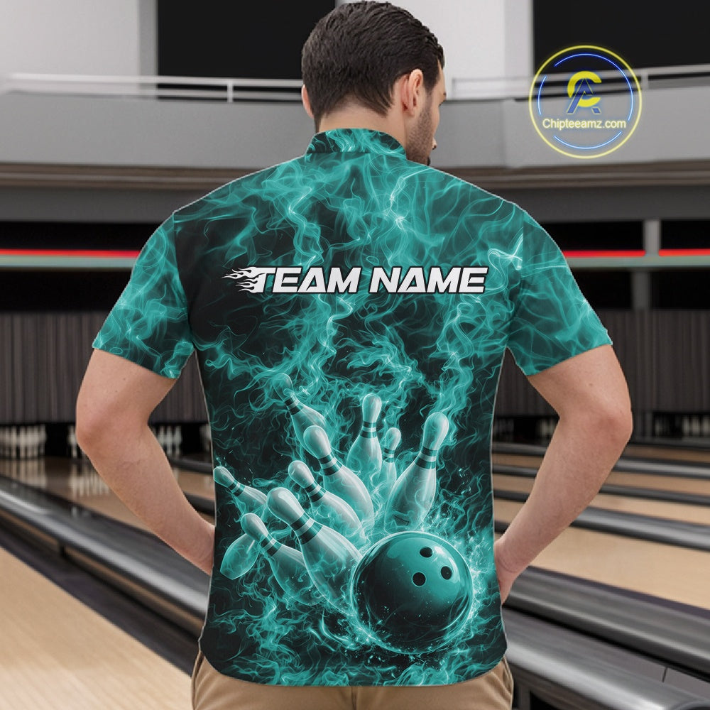 Custom Turquoise Blue Fire Flame Bowling Quarter-Zip Tournament Shirt, Team Bowling Jerseys