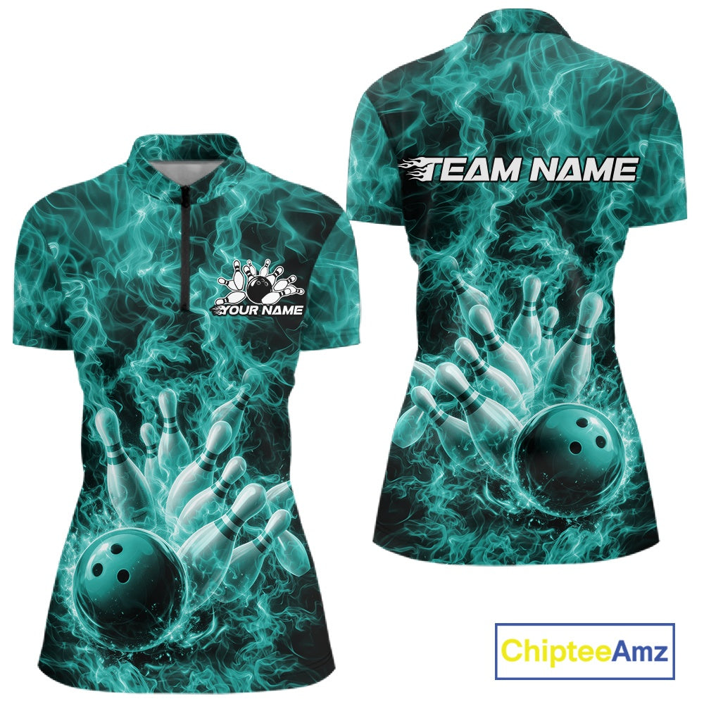 Custom Turquoise Blue Fire Flame Bowling Tournament Shirt, Team Bowling Jerseys