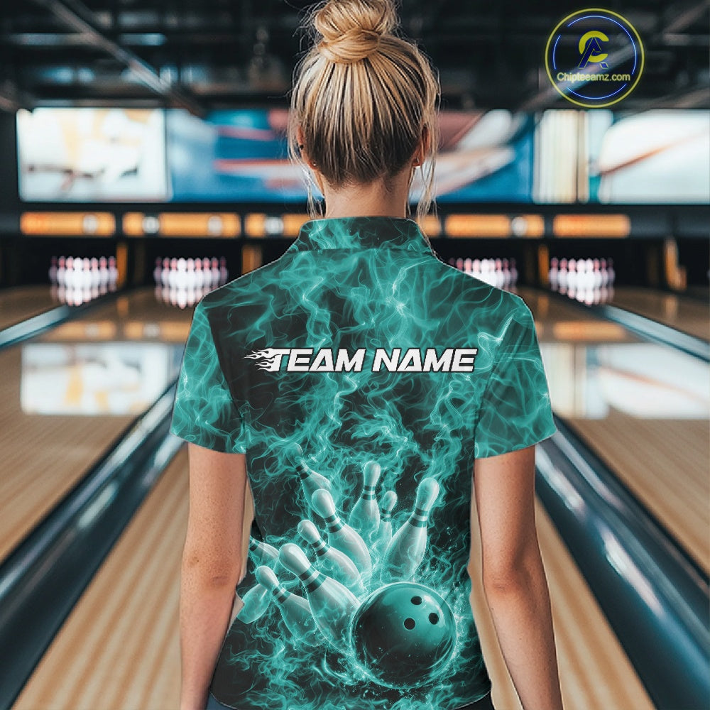 Custom Turquoise Blue Fire Flame Bowling Tournament Shirt, Team Bowling Jerseys