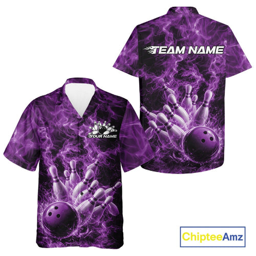 Custom Purple Fire Flame Bowling And Hawaiian Tournament Shirt, Team Bowling Jerseys