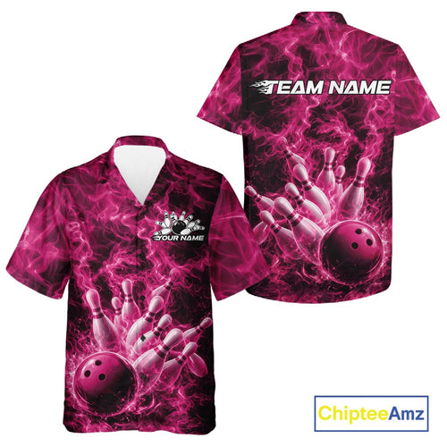 Custom Pink Fire Flame Bowling And Hawaiian Tournament Shirt, Team Bowling Jerseys
