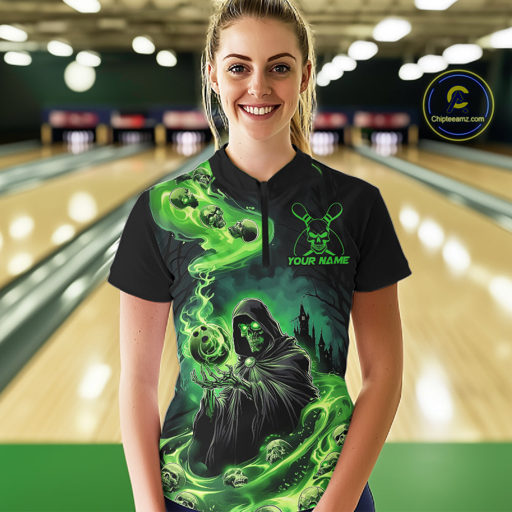 Black And Green Grim Reaper Custom Halloween Bowling Team Shirts, Bowling Gifts
