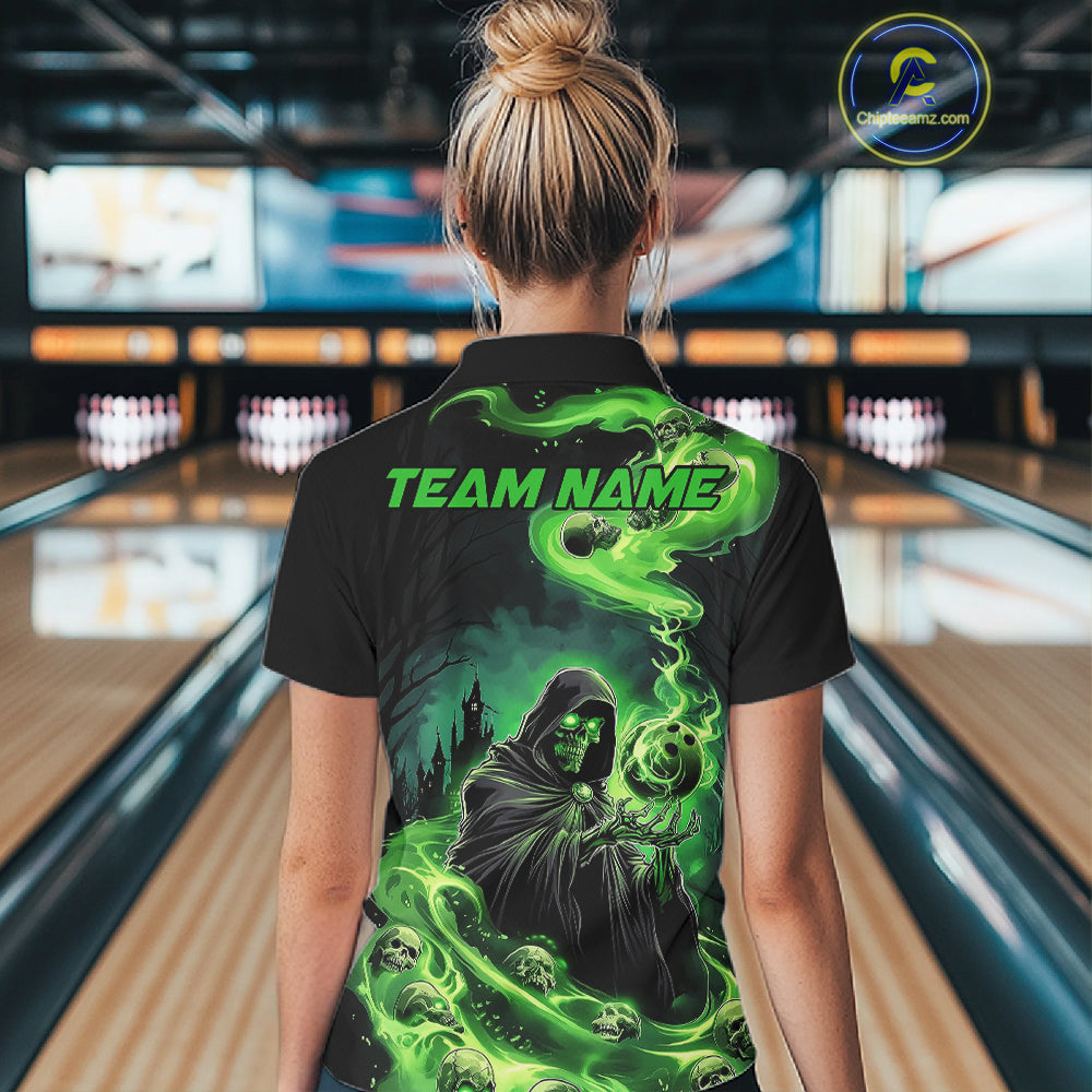 Black And Green Grim Reaper Custom Halloween Bowling Team Shirts, Bowling Gifts