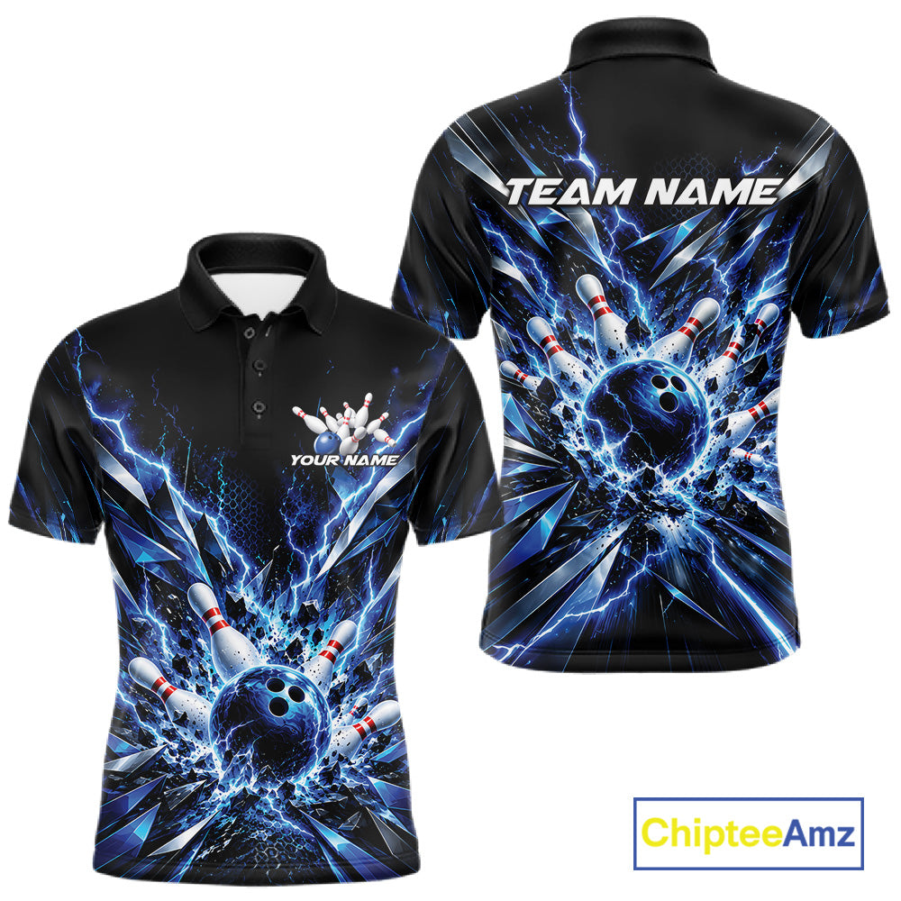 Custom Black And Blue Lightning Bowling Tournament Jersey, Bowling Team Polo Shirt
