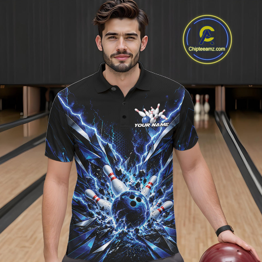 Custom Black And Blue Lightning Bowling Tournament Jersey, Bowling Team Polo Shirt