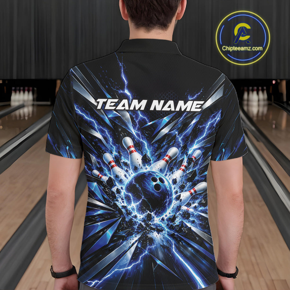 Custom Black And Blue Lightning Bowling Tournament Jersey, Bowling Team Polo Shirt