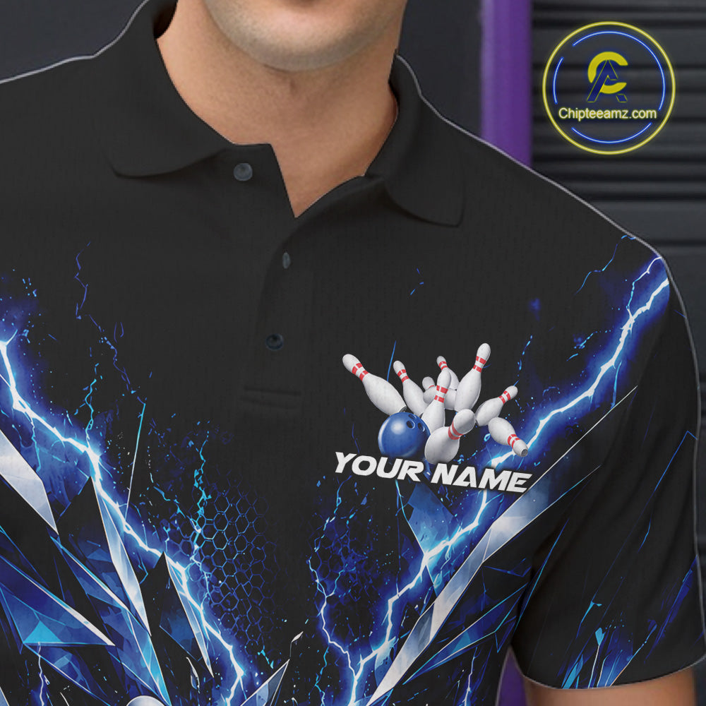 Custom Black And Blue Lightning Bowling Tournament Jersey, Bowling Team Polo Shirt