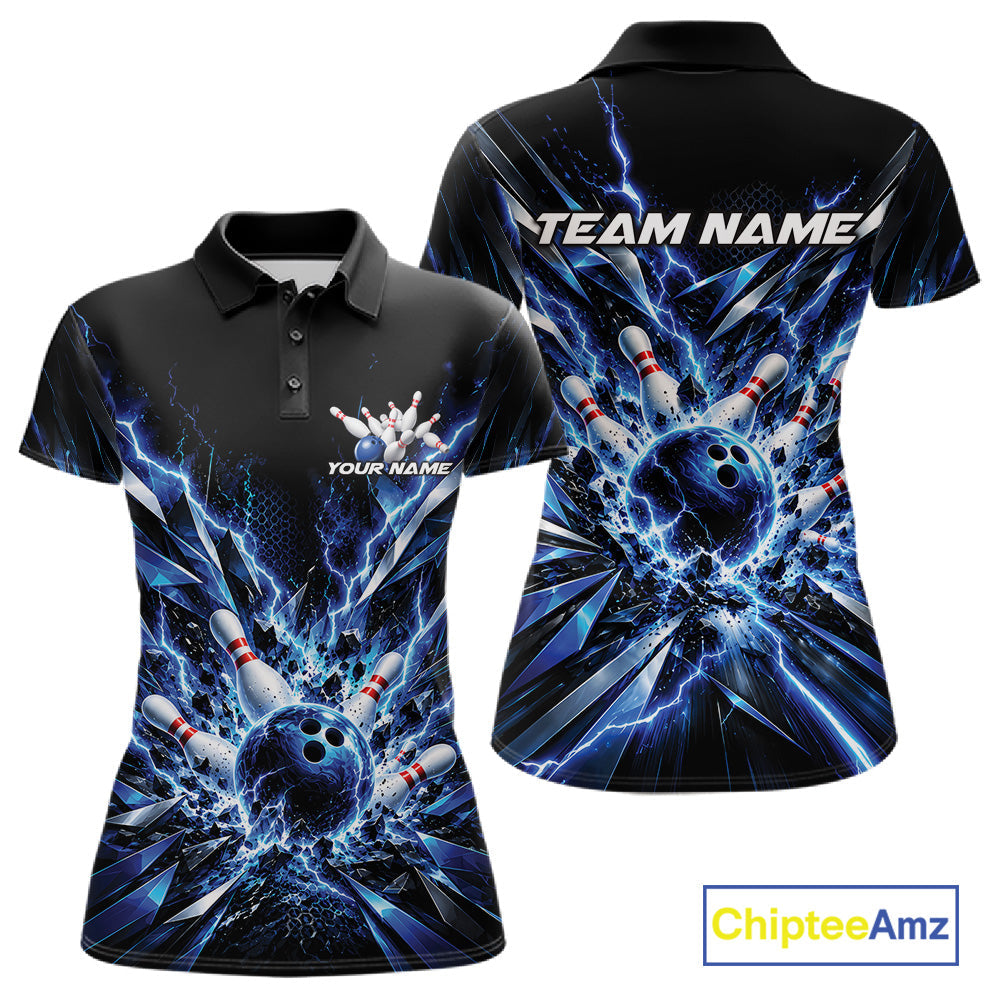 Custom Black And Blue Lightning Bowling Tournament Jersey, Bowling Team Polo Shirt
