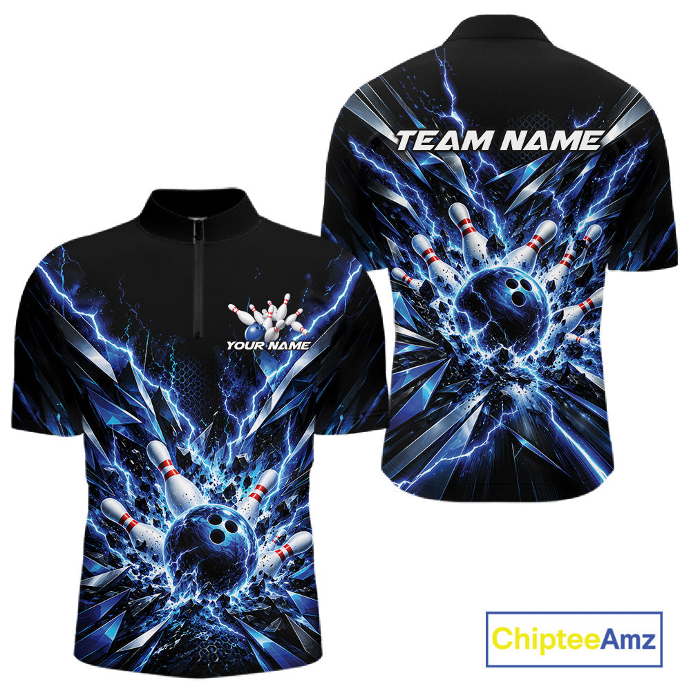 Custom Black And Blue Lightning Bowling Tournament Jersey, Bowling Team Quarter Zip Shirt