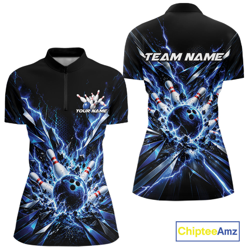 Custom Black And Blue Lightning Bowling Jersey, Bowling Team Quarter-Zip Shirt