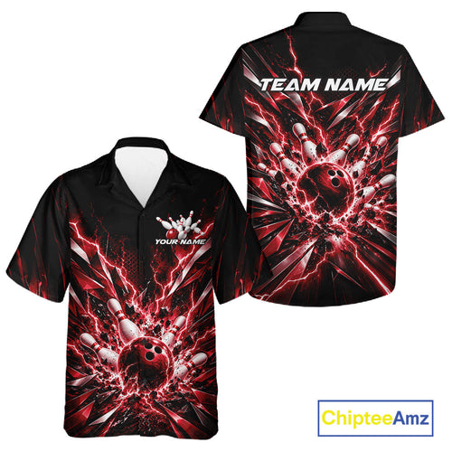 Custom Black And Red Lightning Bowling Tournament Jersey, Bowling Team And Button Up Shirt