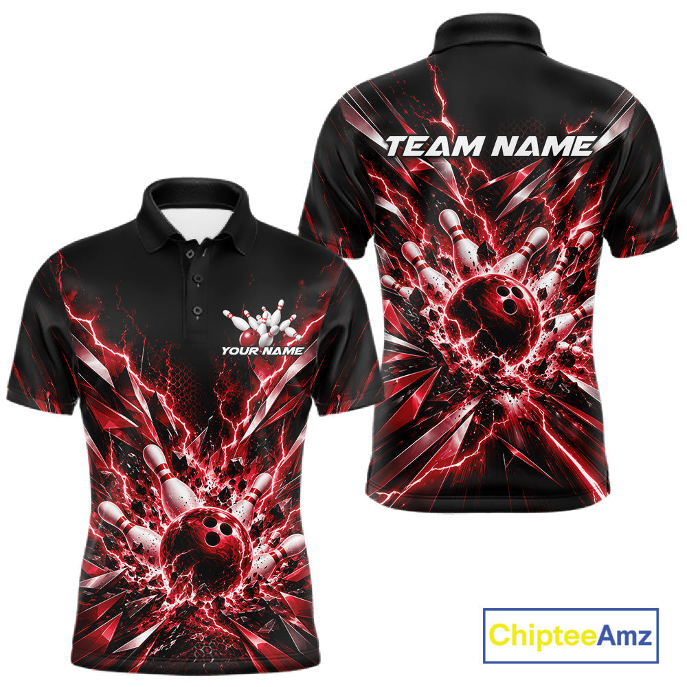 Custom Black And Red Lightning Bowling Tournament Jersey, Bowling Team Polo Shirt