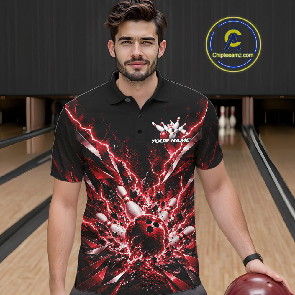 Custom Black And Red Lightning Bowling Tournament Jersey, Bowling Team Polo Shirt