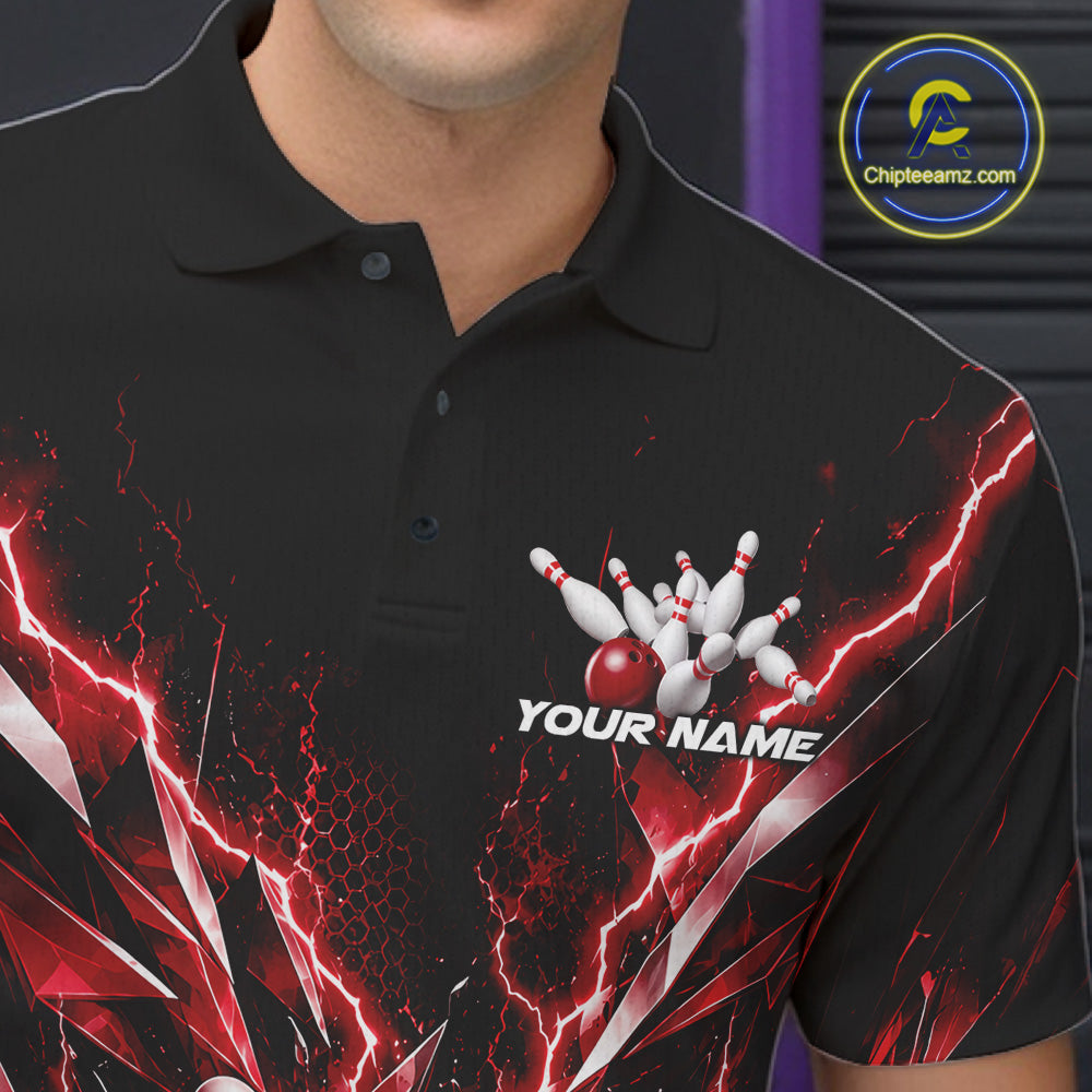 Custom Black And Red Lightning Bowling Tournament Jersey, Bowling Team Polo Shirt