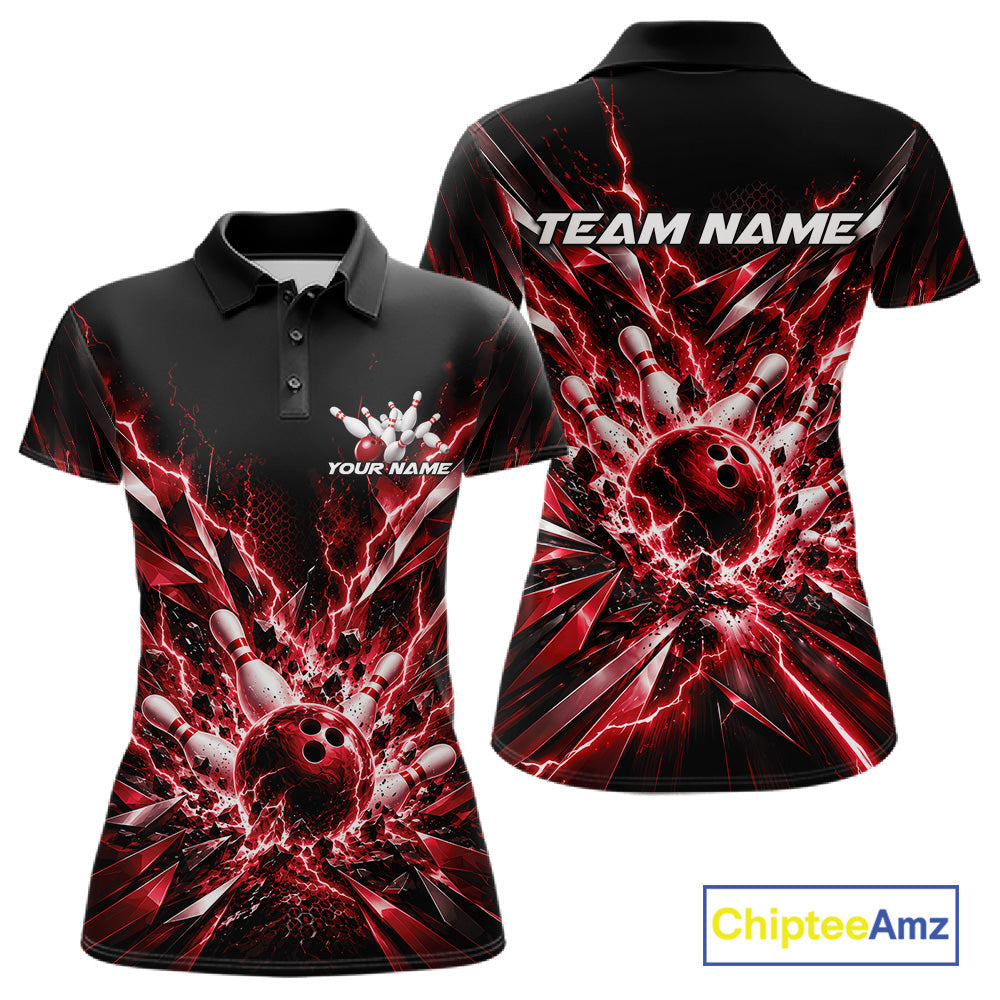 Custom Black And Red Lightning Bowling Tournament Jersey, Bowling Team Polo Shirt