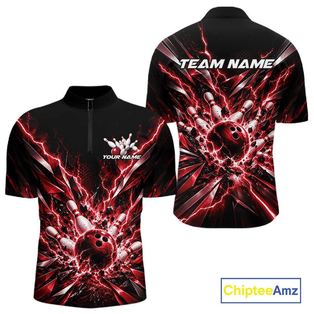 Custom Black And Red Lightning Bowling Tournament Jersey, Bowling Team Quarter Zip Shirt