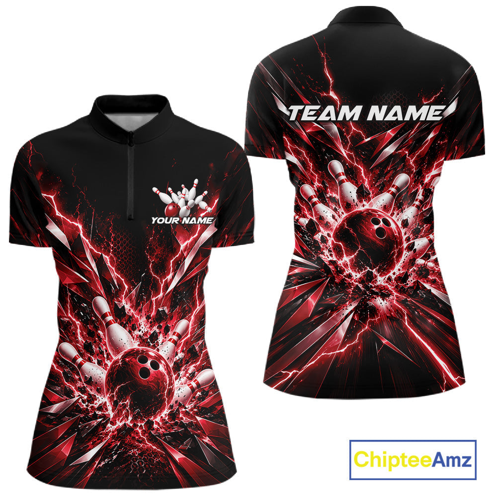 Custom Black And Red Lightning Bowling Jersey, Bowling Team Quarter-Zip Shirt