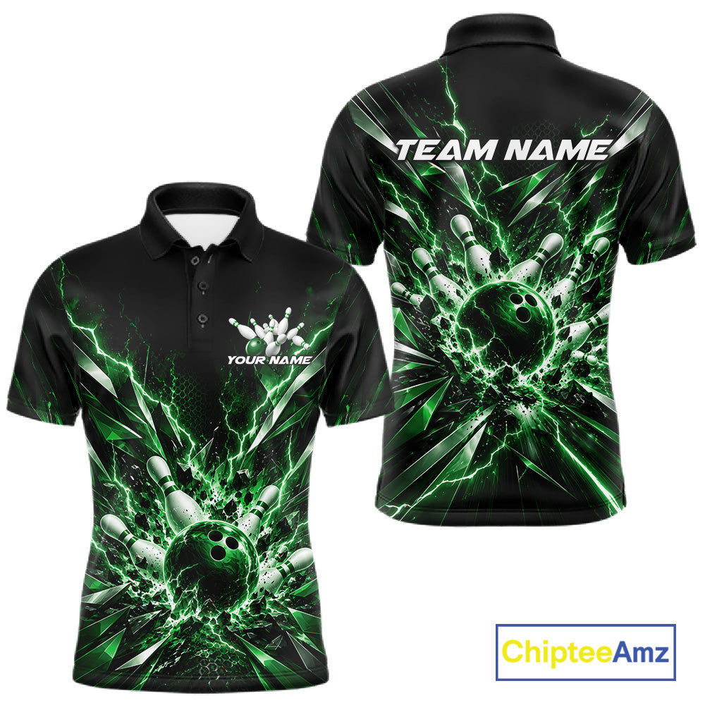 Custom Black And Green Lightning Bowling Tournament Jersey, Bowling Team Polo Shirt