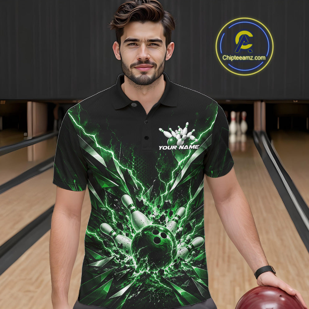 Custom Black And Green Lightning Bowling Tournament Jersey, Bowling Team Polo Shirt