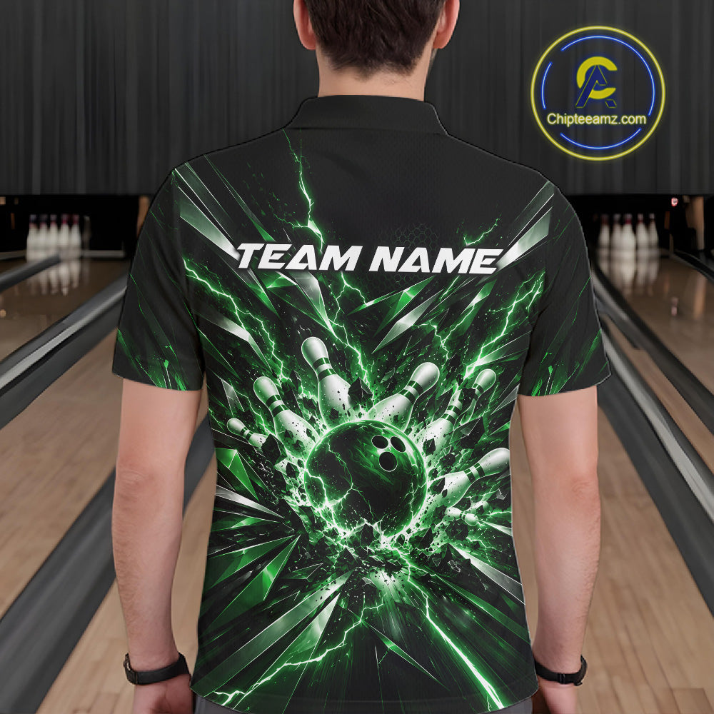 Custom Black And Green Lightning Bowling Tournament Jersey, Bowling Team Polo Shirt