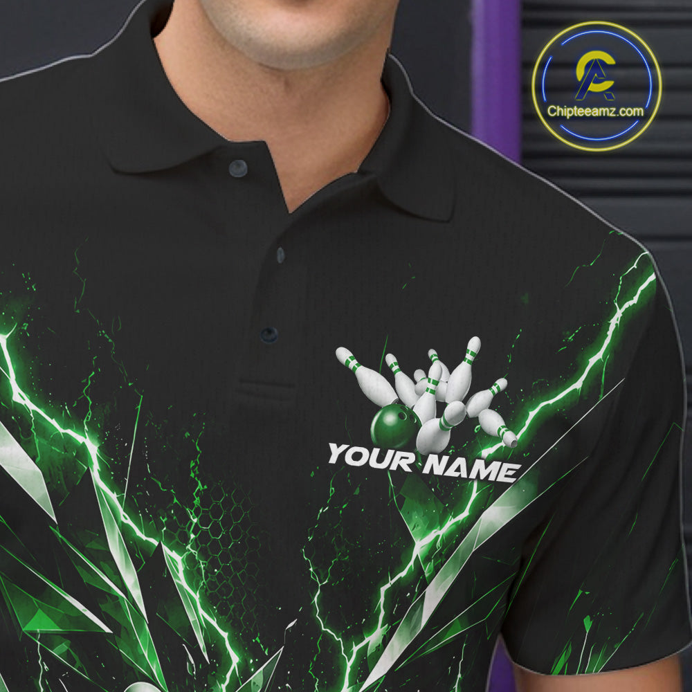 Custom Black And Green Lightning Bowling Tournament Jersey, Bowling Team Polo Shirt