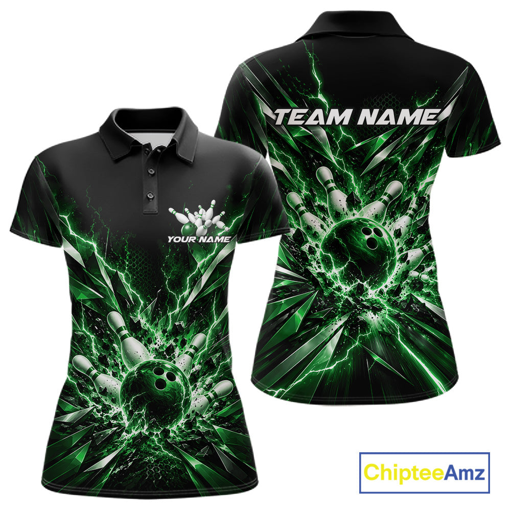 Custom Black And Green Lightning Bowling Tournament Jersey, Bowling Team Polo Shirt