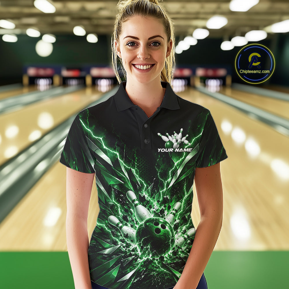 Custom Black And Green Lightning Bowling Tournament Jersey, Bowling Team Polo Shirt
