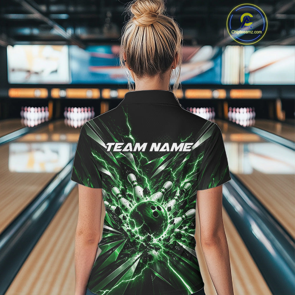 Custom Black And Green Lightning Bowling Tournament Jersey, Bowling Team Polo Shirt