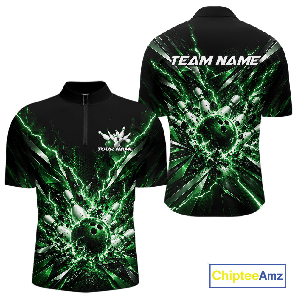 Custom Black And Green Lightning Bowling Tournament Jersey, Bowling Team Quarter Zip Shirt
